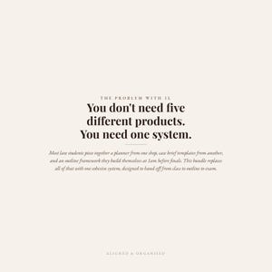 May include: A digital graphic with a cream background and black text. The text reads: THE PROBLEM WITH 1L. You don't need five different products. You need one system. Most law students piece together a planner from one shop, case brief templates from another, and an outline framework they build themselves at 1am before finals. This bundle replaces all of that with one cohesive system, designed to hand off from class to outline to exam. ALIGNED & ORGANISED.