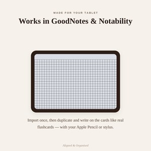 Puede incluir: Una plantilla de tarjeta de memoria digital para tabletas con un patr&oacute;n de cuadr&iacute;cula, que incluye el texto: MADE FOR YOUR TABLET, Works in GoodNotes & Notability, Import once, then duplicate and write on the cards like real flashcards &mdash; with your Apple Pencil or stylus, Aligned & Organised.