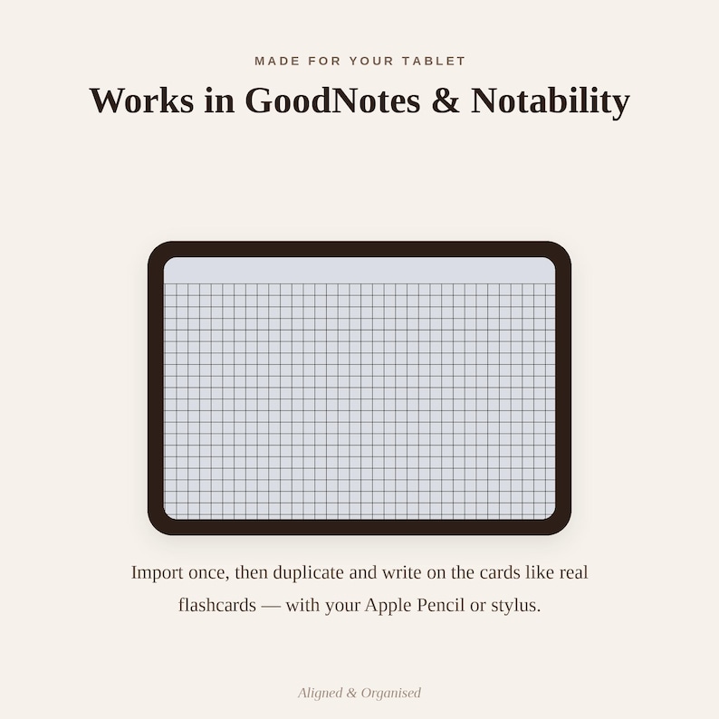Puede incluir: Una plantilla de tarjeta de memoria digital para tabletas con un patr&oacute;n de cuadr&iacute;cula, que incluye el texto: MADE FOR YOUR TABLET, Works in GoodNotes & Notability, Import once, then duplicate and write on the cards like real flashcards &mdash; with your Apple Pencil or stylus, Aligned & Organised.
