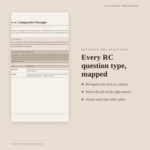 May include: A beige educational document titled Aligned & Organised featuring a table about Comparative Passages and a list of Reading Comprehension strategies. The text includes Decoding the Questions, Every RC question type, mapped, and three bullet points.