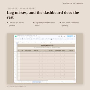 May include: A digital Google Sheet template titled Wrong-Answer Log with columns for date, source, question type, answers, error cause, and review status. The interface includes text stating Log misses, and the dashboard does the rest.