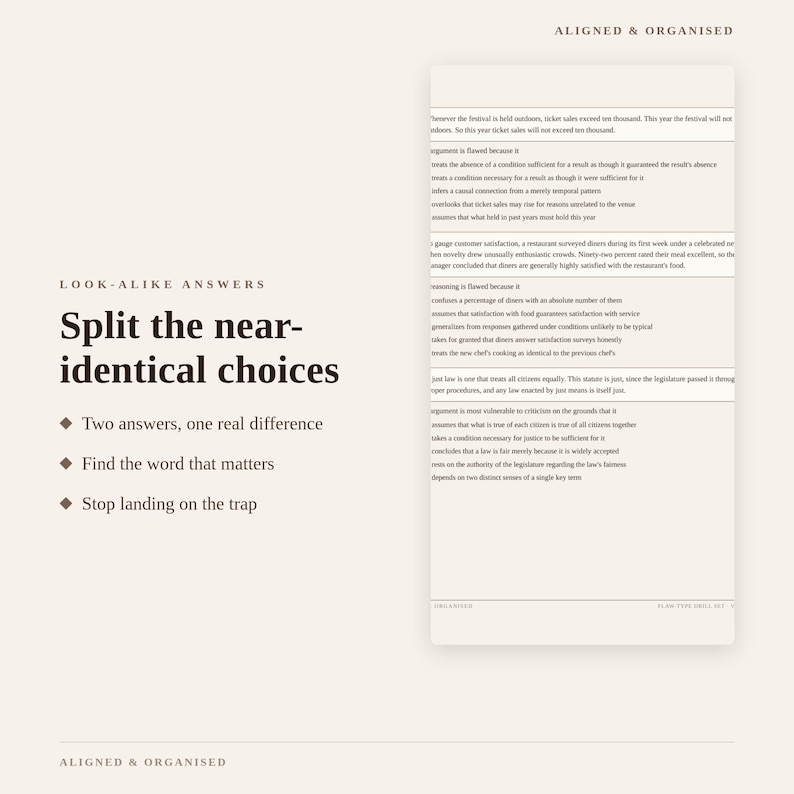 May include: A light beige educational document titled Aligned & Organised featuring the text Look-Alike Answers, Split the near-identical choices, and three bullet points. To the right, a column displays multiple logical reasoning practice questions.