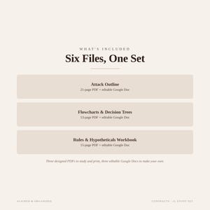 May include: A digital study set titled Six Files, One Set. It includes an Attack Outline with a 21-page PDF and Google Doc, Flowcharts & Decision Trees with a 13-page PDF and Google Doc, and a Rules & Hypotheticals Workbook with a 15-page PDF.