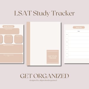 Può includere: Un set di tre pagine di monitoraggio dello studio LSAT beige e bianco. Le pagine includono sezioni per la panoramica dello studio, la definizione degli obiettivi e un piano di studio settimanale. Il testo "LSAT Study Tracker" e "Get Organized" sono visualizzati.