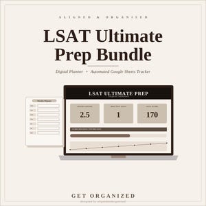 Könnte beinhalten: Ein digitales LSAT Ultimate Prep Bundle mit einem Wochenplaner und einem automatisierten Google Sheets Tracker. Die Benutzeroberfläche zeigt ein Fortschritts-Dashboard mit protokollierten Stunden, Übungstests und einem Zielwert von 170.