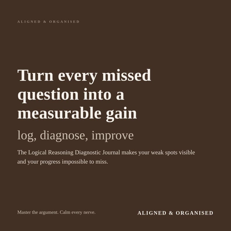 May include: A dark brown square graphic with white text that reads: ALIGNED & ORGANISED, Turn every missed question into a measurable gain, log, diagnose, improve, The Logical Reasoning Diagnostic Journal makes your weak spots visible and your progress impossible to miss, Master the argument. Calm every nerve., ALIGNED & ORGANISED.