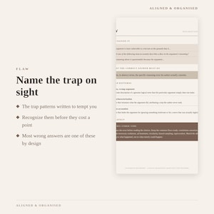 May include: A beige educational document titled Aligned & Organised featuring the text Name the trap on sight. It lists bullet points about recognizing logical flaws, trap patterns, and wrong answers, with a sidebar detailing reasoning strategies.