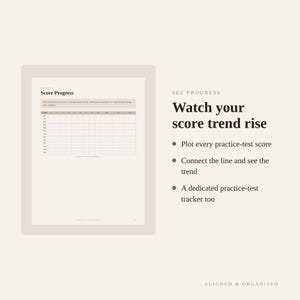 Puede incluir: Una p&aacute;gina de seguimiento de progreso de puntuaciones con una cuadr&iacute;cula para registrar los resultados de ex&aacute;menes de pr&aacute;ctica. El texto dice: Score Progress, See Progress, Watch your score trend rise, Plot every practice-test score, Connect the line and see the trend, A dedicated practice-test tracker too, Aligned & Organised.