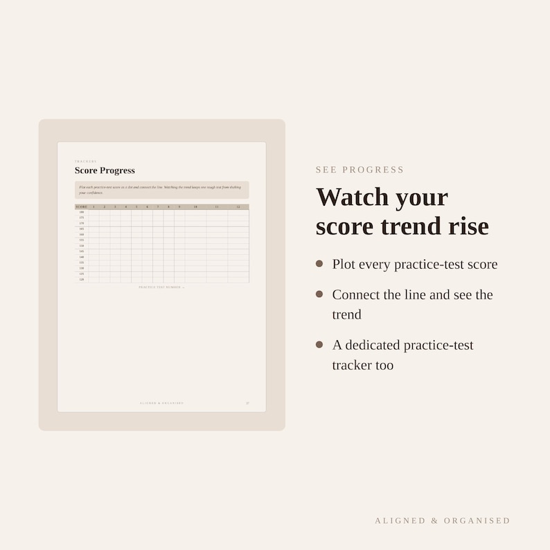 Puede incluir: Una p&aacute;gina de seguimiento de progreso de puntuaciones con una cuadr&iacute;cula para registrar los resultados de ex&aacute;menes de pr&aacute;ctica. El texto dice: Score Progress, See Progress, Watch your score trend rise, Plot every practice-test score, Connect the line and see the trend, A dedicated practice-test tracker too, Aligned & Organised.