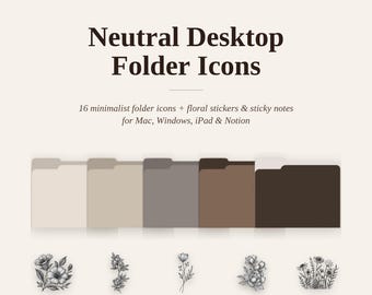 Neutrale Desktop Ordner Icons Mac & Windows | 16 minimalistische ästhetische Ordner-Icons, Blumenaufkleber, Sticky Notes | Symbol-Bundle
