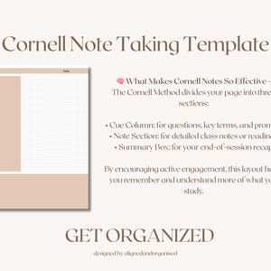 May include: A Cornell Note Taking Template with a beige and white color scheme. The template includes sections for topic, date, cue column, note section, and summary box. Text explains the Cornell Method for effective note-taking.