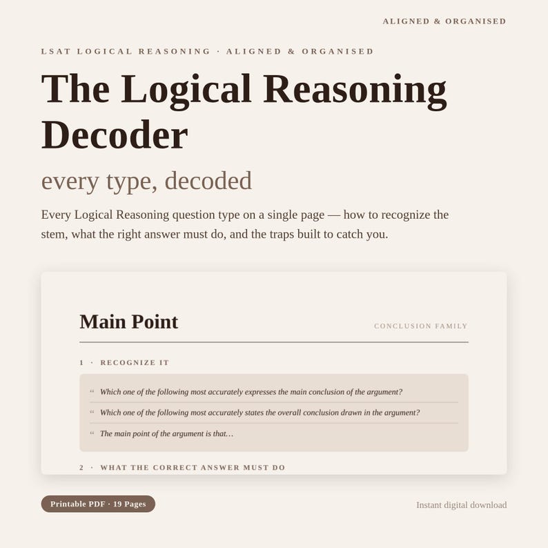 May include: A digital study guide titled The Logical Reasoning Decoder, featuring dark brown text on a light beige background. It outlines LSAT question types, including a section on Main Point with examples of how to recognize the question stem.