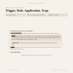 May include: A study card titled The Card System: Trigger. Rule. Application. Trap. It outlines the termination of the power of acceptance in contract law, detailing rules on revocation, rejection, and counteroffers with specific exam tips.