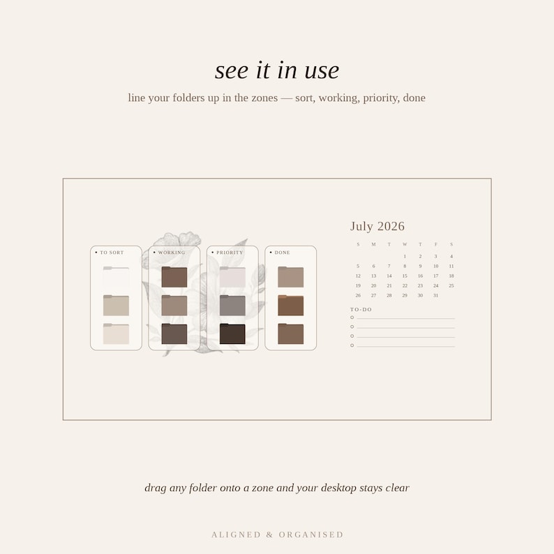 Desktop Wallpaper Organizer + Calendar & Folder Icons | Aesthetic Neutral Desktop Background for Mac, Windows | 2026-2027 Boho Minimal image 3