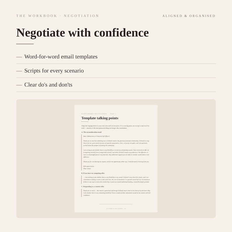 Puede incluir: Un libro de trabajo digital beige titulado Negotiation with confidence, que incluye secciones para plantillas de correo electr&oacute;nico palabra por palabra, guiones para cada escenario y consejos claros. La p&aacute;gina muestra puntos de conversaci&oacute;n.