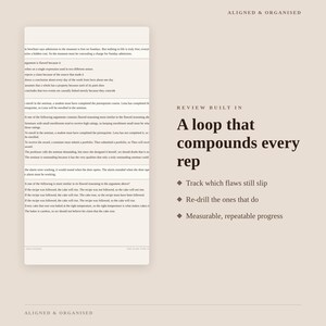 May include: A beige educational document featuring a column of text with logical reasoning exercises on the left and the heading Review Built In A loop that compounds every rep with bullet points about tracking flaws and measurable progress.