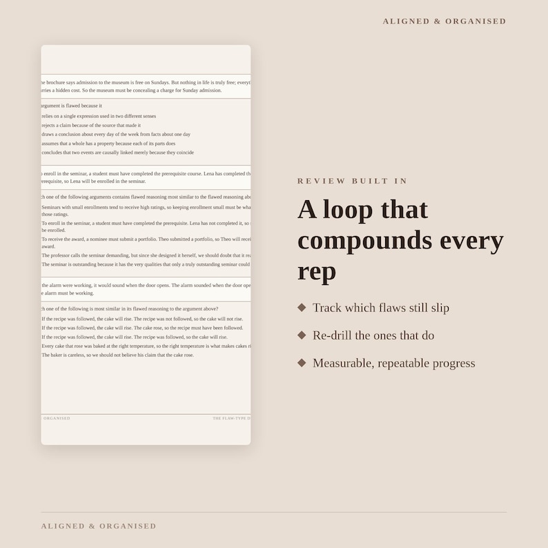 May include: A beige educational document featuring a column of text with logical reasoning exercises on the left and the heading Review Built In A loop that compounds every rep with bullet points about tracking flaws and measurable progress.