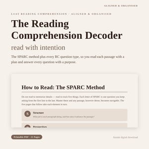 May include: A digital document titled The Reading Comprehension Decoder for LSAT preparation. It features the SPARC method, explaining how to read with intention. The layout includes dark brown text on a light beige background, detailing reading strategies.