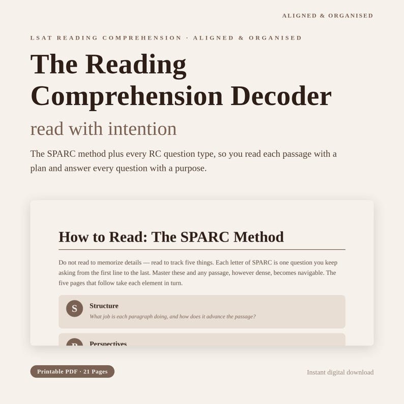 May include: A digital document titled The Reading Comprehension Decoder for LSAT preparation. It features the SPARC method, explaining how to read with intention. The layout includes dark brown text on a light beige background, detailing reading strategies.