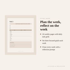 Puede incluir: Una p&aacute;gina de planificador digital titulada Week 2 con secciones para objetivos, una cuadr&iacute;cula de tareas diarias y una reflexi&oacute;n semanal. El texto dice: Plan the week, reflect on the week, 24 weekly pages with daily task grids.