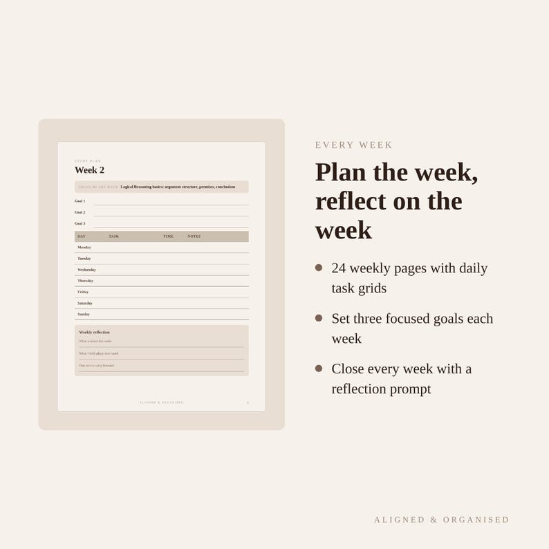 Puede incluir: Una p&aacute;gina de planificador digital titulada Week 2 con secciones para objetivos, una cuadr&iacute;cula de tareas diarias y una reflexi&oacute;n semanal. El texto dice: Plan the week, reflect on the week, 24 weekly pages with daily task grids.