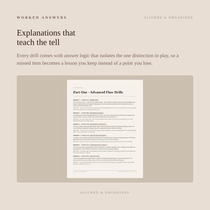 May include: A document titled Part One Advanced Flaw Drills featuring six numbered questions with correct answers and explanatory logic. The text is printed in black on a white background, organized with clear headings and structured bullet points.