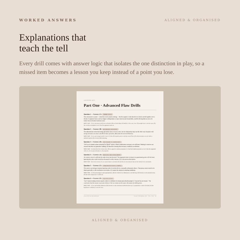 May include: A document titled Part One Advanced Flaw Drills featuring six numbered questions with correct answers and explanatory logic. The text is printed in black on a white background, organized with clear headings and structured bullet points.