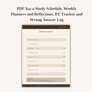 May include: A digital PDF document featuring a study schedule, weekly planners, reflections, a PT tracker, and a wrong answer log. The page displays a table of contents with sections for a 12-week study schedule, weekly planners, and practice test reviews.