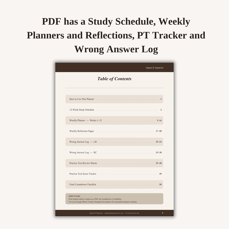 May include: A digital PDF document featuring a study schedule, weekly planners, reflections, a PT tracker, and a wrong answer log. The page displays a table of contents with sections for a 12-week study schedule, weekly planners, and practice test reviews.