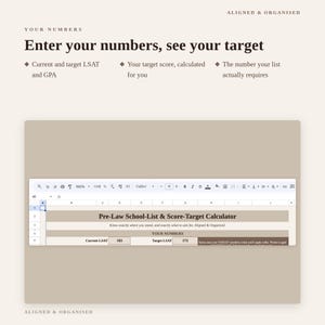 May include: A digital spreadsheet template titled Pre-Law School-List & Score-Target Calculator. The interface includes fields for Current LSAT and Target LSAT scores, with text headers reading Aligned & Organised and Enter your numbers, see your target.