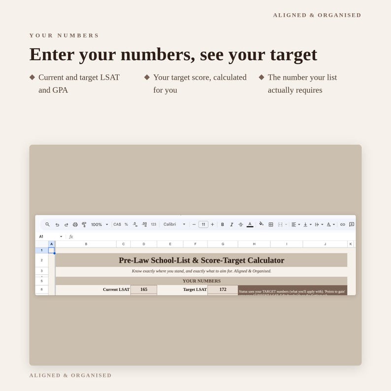 May include: A digital spreadsheet template titled Pre-Law School-List & Score-Target Calculator. The interface includes fields for Current LSAT and Target LSAT scores, with text headers reading Aligned & Organised and Enter your numbers, see your target.