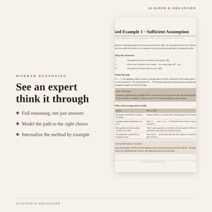 May include: A document titled Aligned & Organised featuring the text Worked Reasoning, See an expert think it through, and three bullet points. Beside it, a page titled Worked Example 1 Sufficient Assumption displays a logical reasoning exercise.