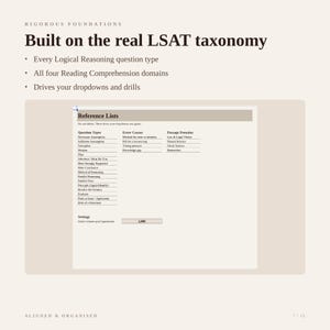 May include: A digital document titled Rigorous Foundations Built on the real LSAT taxonomy. It lists Logical Reasoning question types, Error Causes, and Passage Domains. A settings section includes a study-volume goal of 2,000 questions.