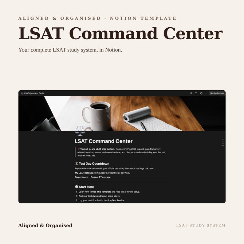 May include: A digital Notion template titled LSAT Command Center featuring a dark interface with a header image of a coffee mug and notebook. The layout includes sections for a test day countdown, target score, and a start here guide for LSAT prep.