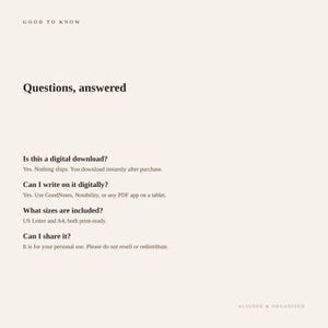 K&ouml;nnte beinhalten: Eine beige Informationsgrafik mit dem Titel Good to Know und der &Uuml;berschrift Questions, answered. Sie enth&auml;lt vier h&auml;ufig gestellte Fragen zum digitalen Download, zur digitalen Schreibkompatibilit&auml;t mit GoodNotes, zu US Letter und A4 Formaten.