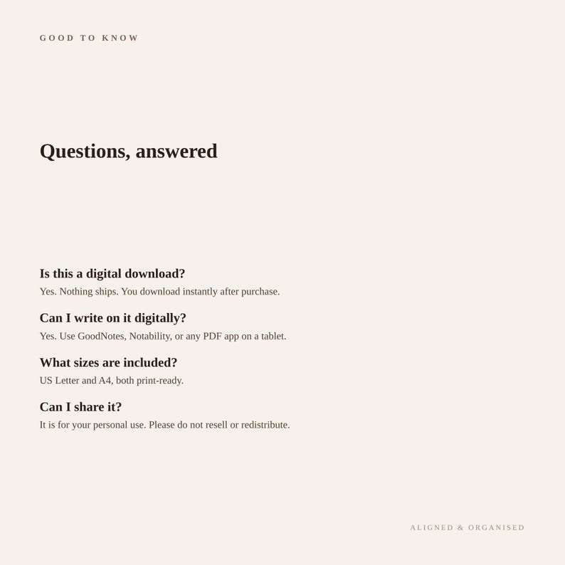 K&ouml;nnte beinhalten: Eine beige Informationsgrafik mit dem Titel Good to Know und der &Uuml;berschrift Questions, answered. Sie enth&auml;lt vier h&auml;ufig gestellte Fragen zum digitalen Download, zur digitalen Schreibkompatibilit&auml;t mit GoodNotes, zu US Letter und A4 Formaten.