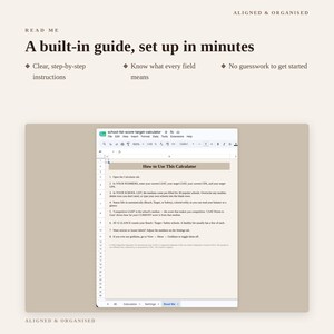 May include: A digital spreadsheet interface titled How to Use This Calculator with eight numbered instructions for LSAT score tracking. The document includes text headers Aligned & Organised, Read Me, and A built-in guide, set up in minutes.