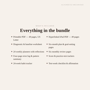 Puede incluir: Una hoja de informaci&oacute;n para un paquete de planificadores digitales con el texto Aligned & Organised y What's Included. Enumera contenidos que incluyen un PDF imprimible de 49 p&aacute;ginas, un PDF con hiperv&iacute;nculos para iPad, hojas de trabajo y herramientas de seguimiento.
