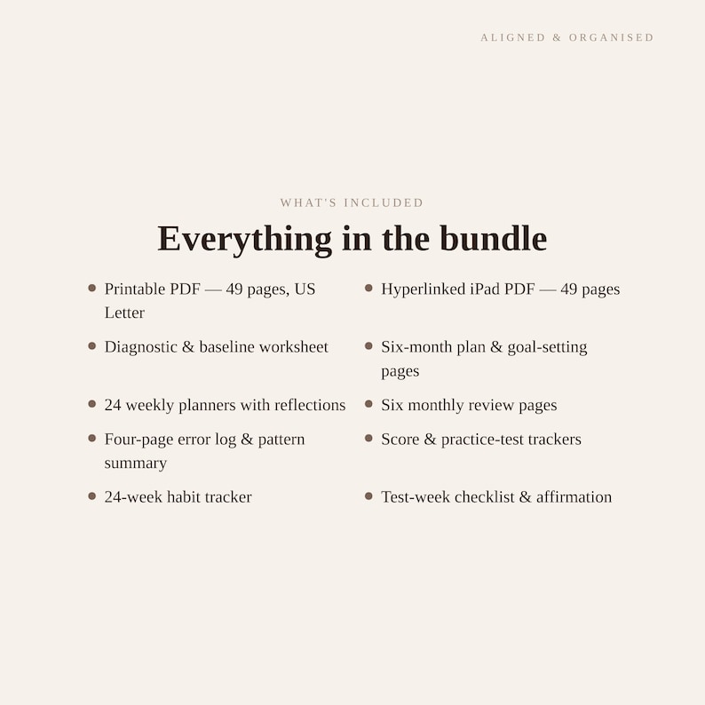 Puede incluir: Una hoja de informaci&oacute;n para un paquete de planificadores digitales con el texto Aligned & Organised y What's Included. Enumera contenidos que incluyen un PDF imprimible de 49 p&aacute;ginas, un PDF con hiperv&iacute;nculos para iPad, hojas de trabajo y herramientas de seguimiento.