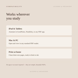 May include: A beige informational graphic titled Compatibility, Aligned & Organised. It lists device compatibility: iPad & Tablets for GoodNotes or Notability, Mac & PC for PDF readers, and Print at home for letter-size pages. Text states no app required.