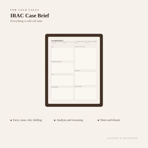 Op de afbeelding: Een digitaal sjabloon voor een IRAC Case Brief met een donkerbruine rand. Het document bevat secties voor feiten, kwesties, procedurele geschiedenis, regels, analyse, redenering en notities. Tekst: FOR COLD CALLS, IRAC Case Brief.