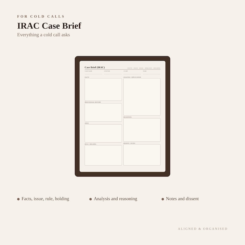 Op de afbeelding: Een digitaal sjabloon voor een IRAC Case Brief met een donkerbruine rand. Het document bevat secties voor feiten, kwesties, procedurele geschiedenis, regels, analyse, redenering en notities. Tekst: FOR COLD CALLS, IRAC Case Brief.