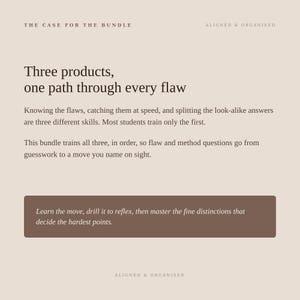 May include: A beige informational graphic titled The Case for the Bundle, Aligned & Organised. It features dark brown text explaining a three-product training method, including the phrase Three products, one path through every flaw, and a dark brown box.