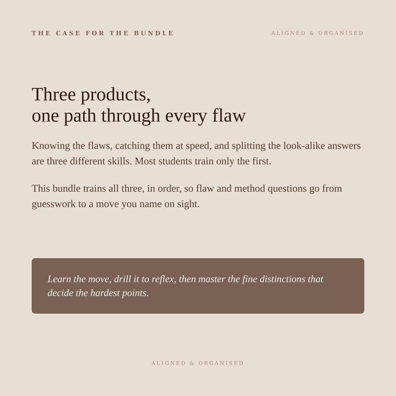 May include: A beige informational graphic titled The Case for the Bundle, Aligned & Organised. It features dark brown text explaining a three-product training method, including the phrase Three products, one path through every flaw, and a dark brown box.