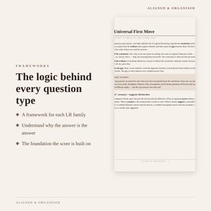 May include: A study guide titled Aligned & Organised featuring the text The logic behind every question type, a list of three bullet points, and a section titled Universal First Move with detailed logical reasoning instructions on a light background.