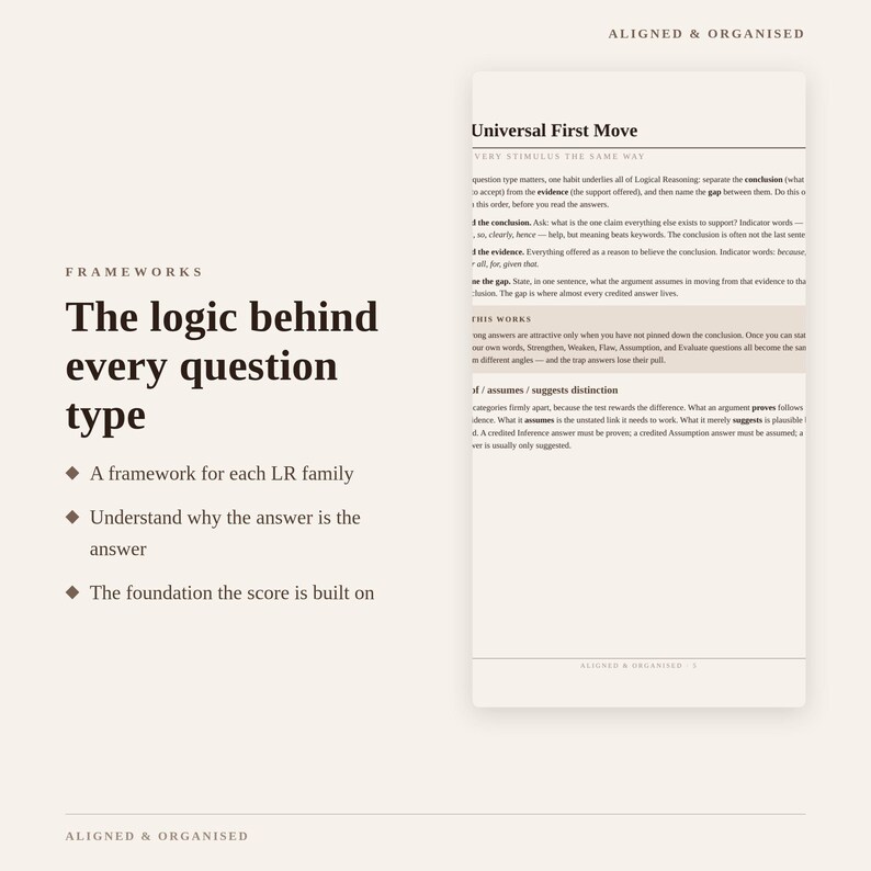 May include: A study guide titled Aligned & Organised featuring the text The logic behind every question type, a list of three bullet points, and a section titled Universal First Move with detailed logical reasoning instructions on a light background.