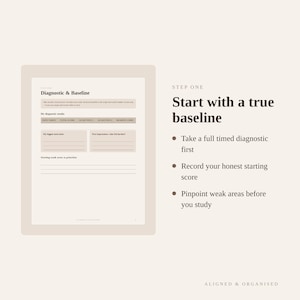 Puede incluir: Una p&aacute;gina de planificador digital titulada Diagnostic & Baseline con campos para resultados de pruebas, motivaciones y &aacute;reas d&eacute;biles. Al lado, el texto dice: STEP ONE Start with a true baseline, Take a full timed diagnostic first, Record your honest starting score, Pinpoint weak areas before you study, ALIGNED & ORGANISED.