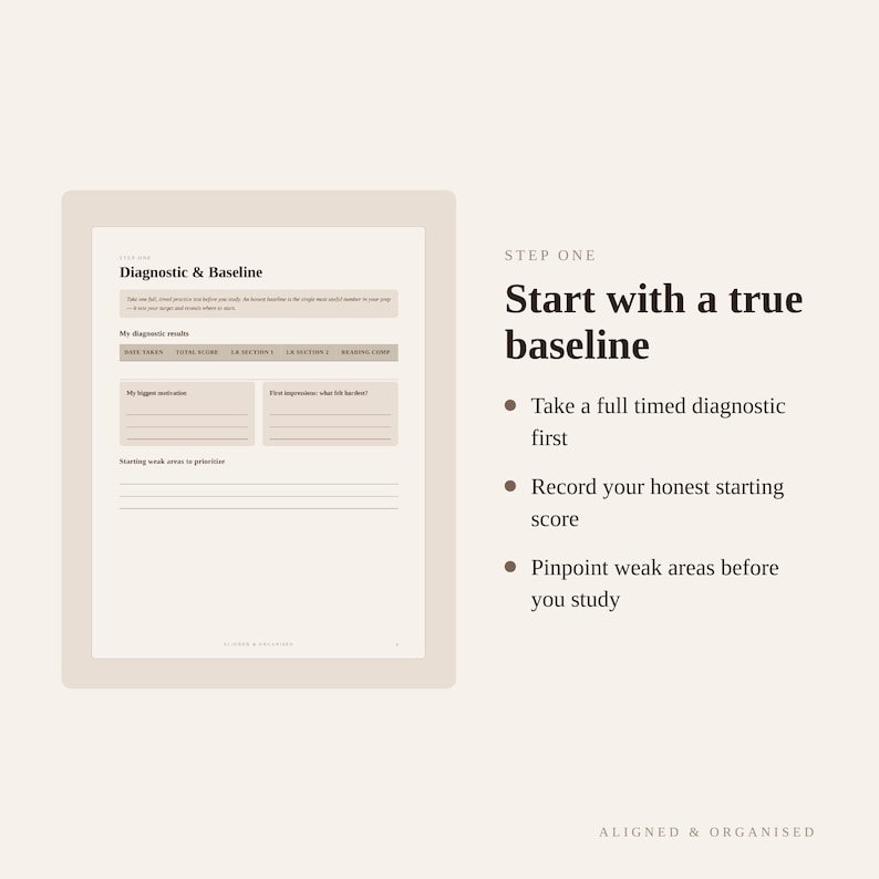 Puede incluir: Una p&aacute;gina de planificador digital titulada Diagnostic & Baseline con campos para resultados de pruebas, motivaciones y &aacute;reas d&eacute;biles. Al lado, el texto dice: STEP ONE Start with a true baseline, Take a full timed diagnostic first, Record your honest starting score, Pinpoint weak areas before you study, ALIGNED & ORGANISED.