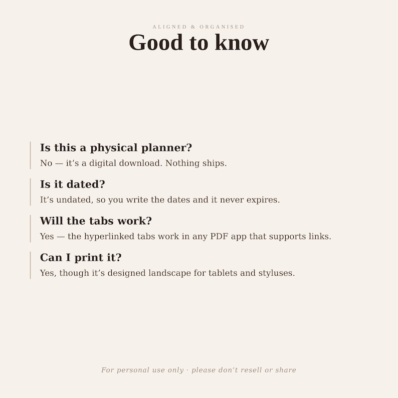 May include: A digital informational graphic titled Good to know with the subtitle Aligned & Organised. It lists four frequently asked questions regarding a digital planner, confirming it is a digital download, undated, has hyperlinked tabs, and is designed for tablets.