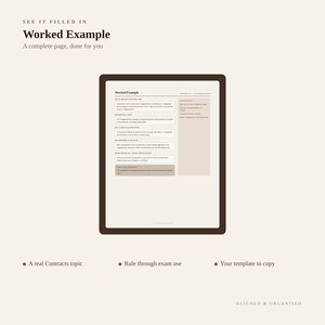 K&ouml;nnte beinhalten: Eine digitale Dokumentvorlage mit dem Titel Worked Example, die ein strukturiertes Layout f&uuml;r Rechtsvertr&auml;ge aufweist. Die Seite enth&auml;lt Abschnitte f&uuml;r Regeln, Elemente, Gesetze, Ausnahmen und Anwendungen sowie Notizen und den Text Aligned & Organised.